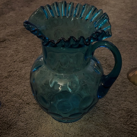 Blue Glass Pitcher with Ruffled Rim - Picture 1 of 7